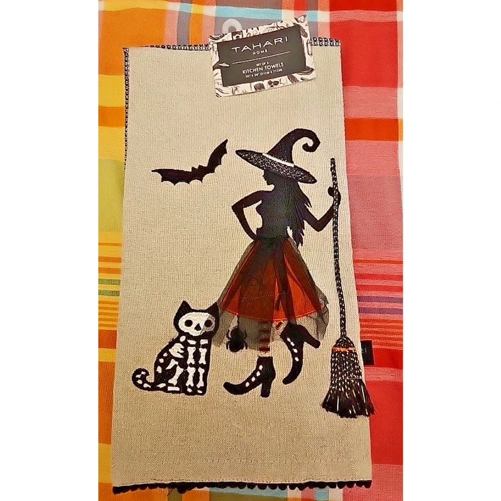 Set of 3 Hand Towels With Witch, Bat, Cat. Tahari Home. Back In Stock